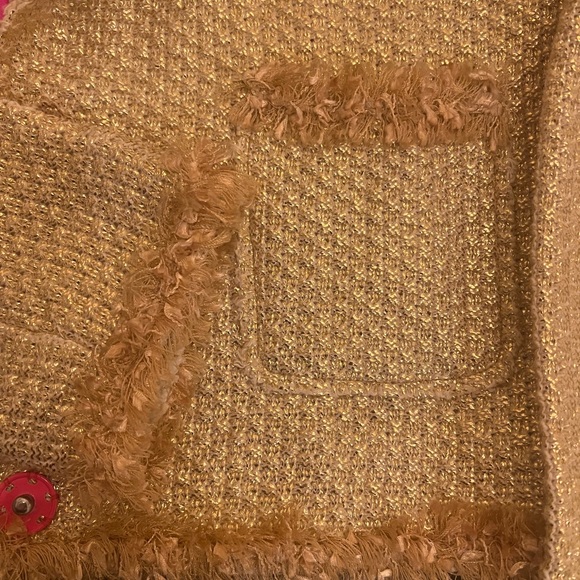Le Superbe gold tweed blazer snap closures hot pink fringe detail NWOT Size Med - Picture 4 of 13